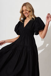 Black Cotton Midi Dress - Amalie